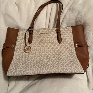 Michael Kors Cream & Brown Logo Tote with Gold Charm